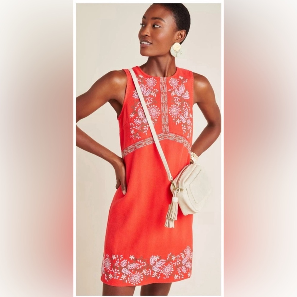 Anthropologie Aiko Red/Orange embroidered dress size 12
